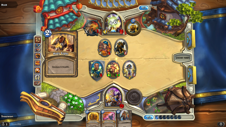 Screenshot of a game, the paladin (top) has just played a spell giving himself +6 health.  Minions are in the middle, defenders shaped like a shield.